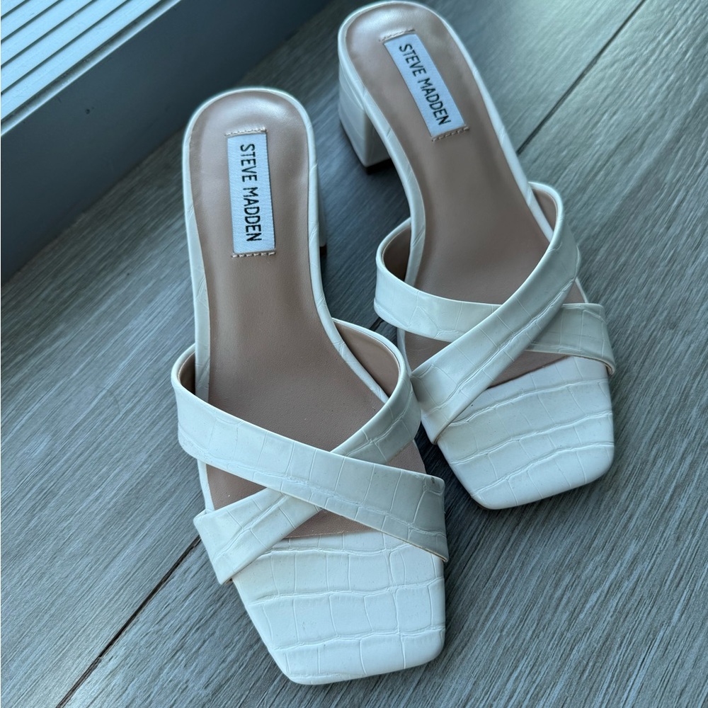 Steve Madden White Heels with Crisscross Straps and Square Toe
